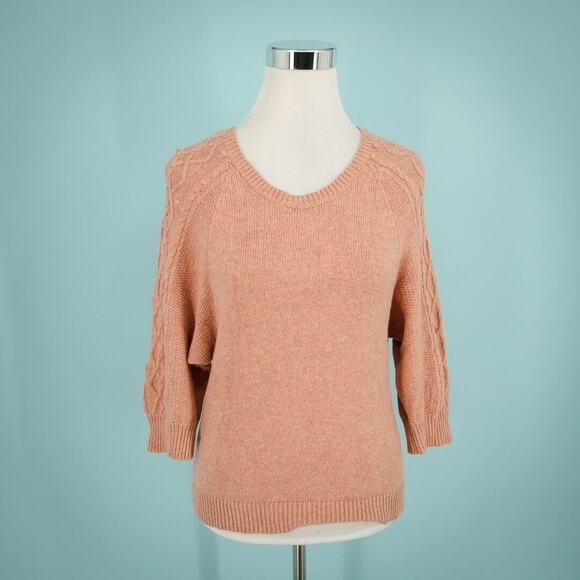 Moth Anthropologie Size XS Peach Cable Knit Pom Pom Sleeve Details Crew Sweater - Picture 1 of 8